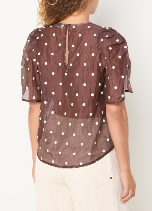 Co'Couture DitaCC semi-transparante tuniek met stippenprint en pofmouw - achterkant bruin