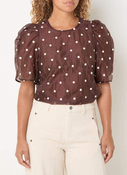 Co'Couture DitaCC semi-transparante tuniek met stippenprint en pofmouw - detail 4 bruin