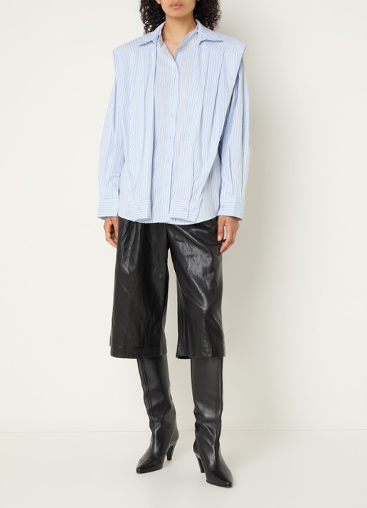 Co'Couture Fiora blouse met streepprint en strikceintuur - voorkant 4 lichtblauw