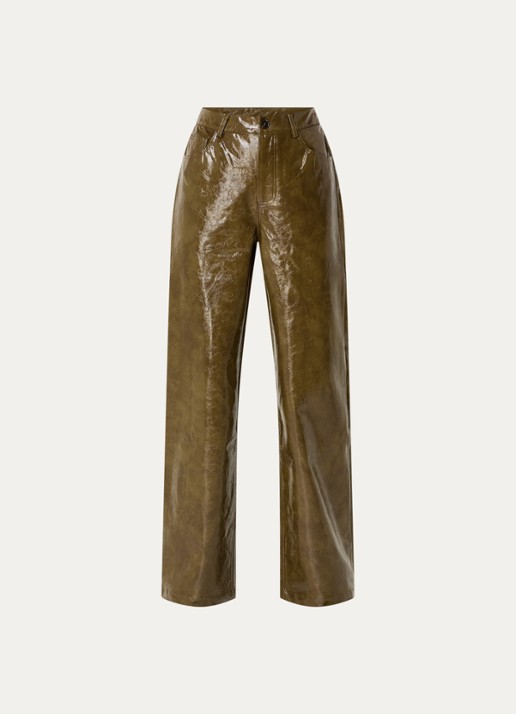 Co'Couture High waist wide fit broek van imitatieleer met steekzakken - voorkant mosgroen