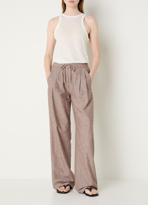 Co'Couture Jihocc high waist loose fit broek met streepprint - voorkant 2 lichtbruin
