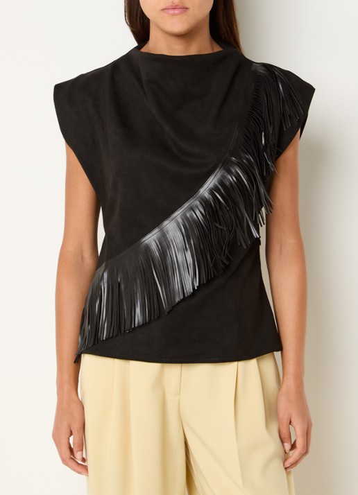 Co'Couture Mouwloze top van imitatiesuède met franjes - detail 3 zwart