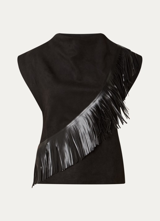 Co'Couture Mouwloze top van imitatiesuède met franjes - voorkant zwart