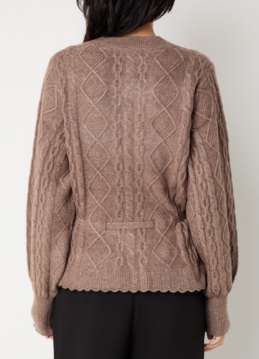 Co'Couture Row kabelgebreid vest met strikceintuur  - achterkant bruin