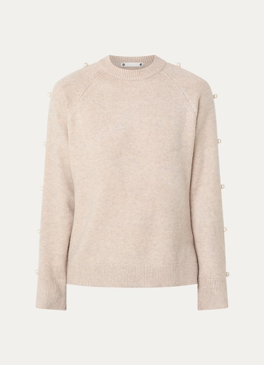 Co'Couture Rowance fijngebreide trui met imitatieparels - voorkant 3 beige