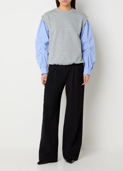 Co'Couture Sabina sweater met ballonmouw en streepprint - voorkant 2 grijs