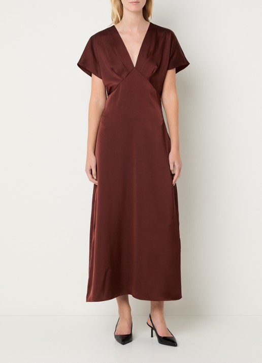 Co'Couture Safira maxi tuniekjurk van satijn  - detail roodbruin