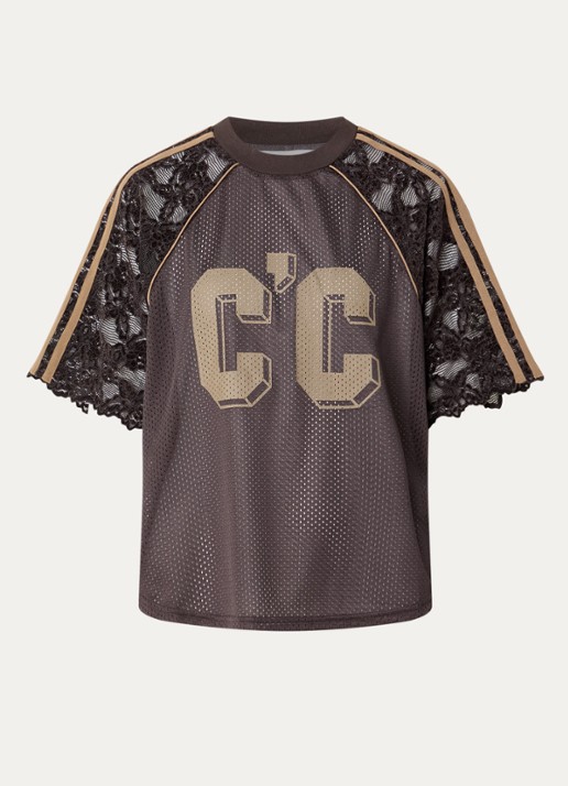 Co'Couture Trey semi-transparant T-shirt van kant met print - voorkant bruin