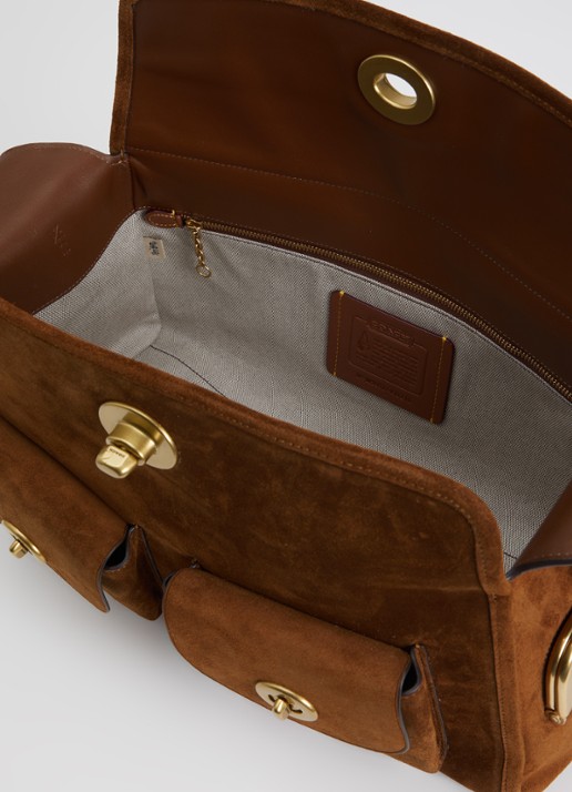 Coach Turnlock Haversack crossbodytas van kalfssuède - detail 2 cognac