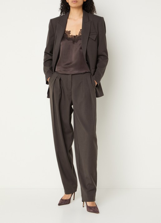 Copenhagen Muse CMTailor high waist tapered fit pantalon met plooidetail - voorkant 2 donkerbruin