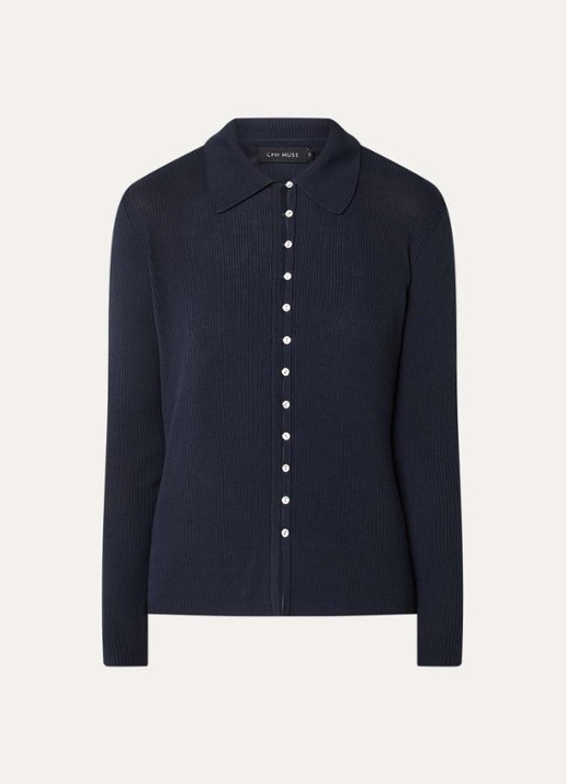 Copenhagen Muse Monnie ribgebreid vest met kraag - voorkant 3 donkerblauw