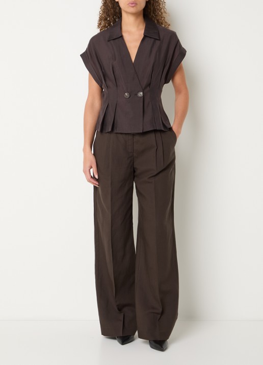 Copenhagen Muse Natu high waist loose fit pantalon in linnenblend - voorkant 3 donkerbruin