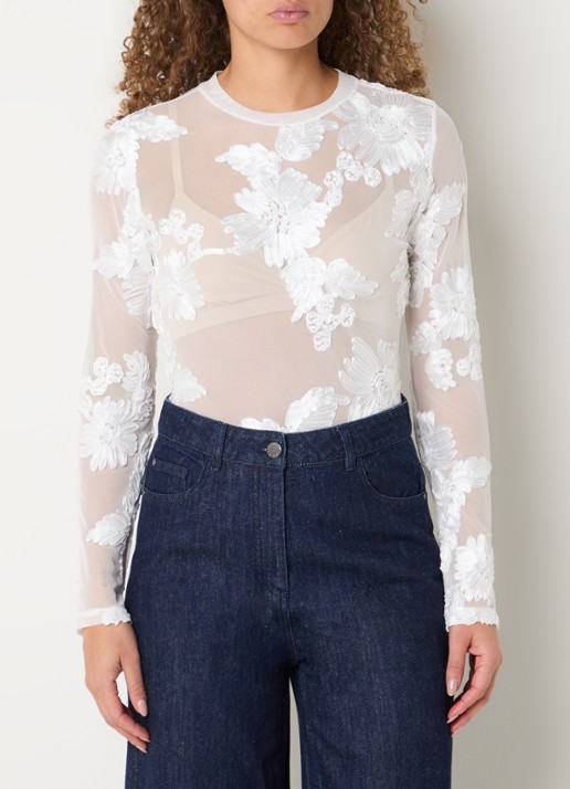 Copenhagen Muse Semi-transparante top van mesh met borduring - detail 4 wit
