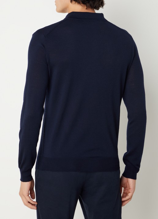 Corneliani Fijngebreide slim fit polo van scheerwol met halve rits en structuur - achterkant 3 donkerblauw