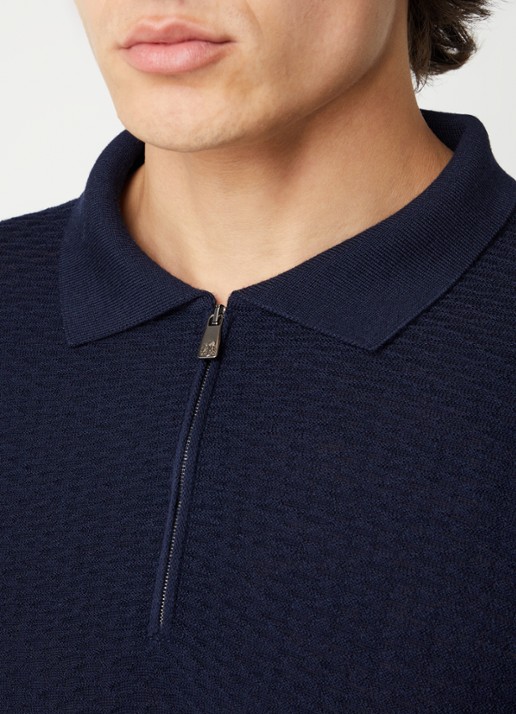 Corneliani Fijngebreide slim fit polo van scheerwol met halve rits en structuur - detail 2 donkerblauw