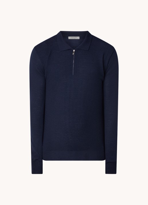 Corneliani Fijngebreide slim fit polo van scheerwol met halve rits en structuur - voorkant 4 donkerblauw