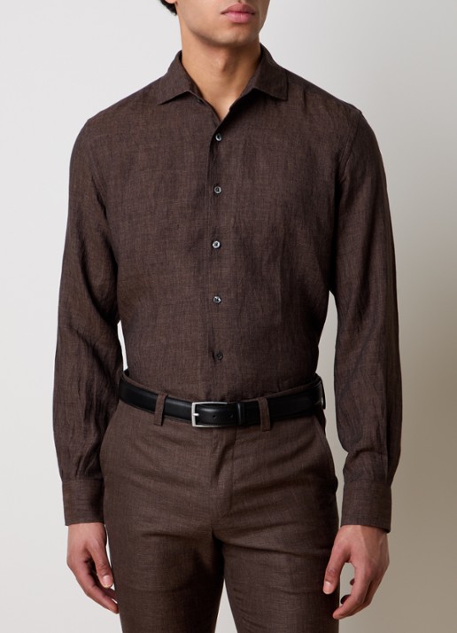 Corneliani Slim fit overhemd van linnen - detail donkerbruin