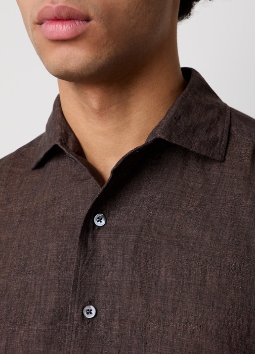 Corneliani Slim fit overhemd van linnen - detail 2 donkerbruin
