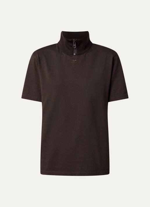 Courrèges T-shirt met logoborduring en col - voorkant 3 chocoladebruin