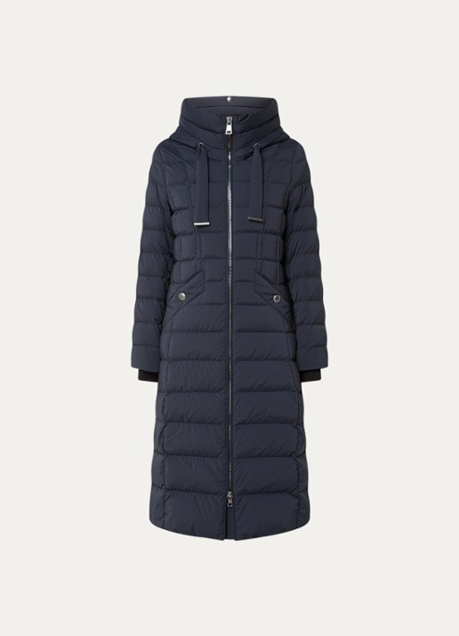 Creenstone Lorraine longline pufferjas met donsvulling en capuchon - voorkant donkerblauw