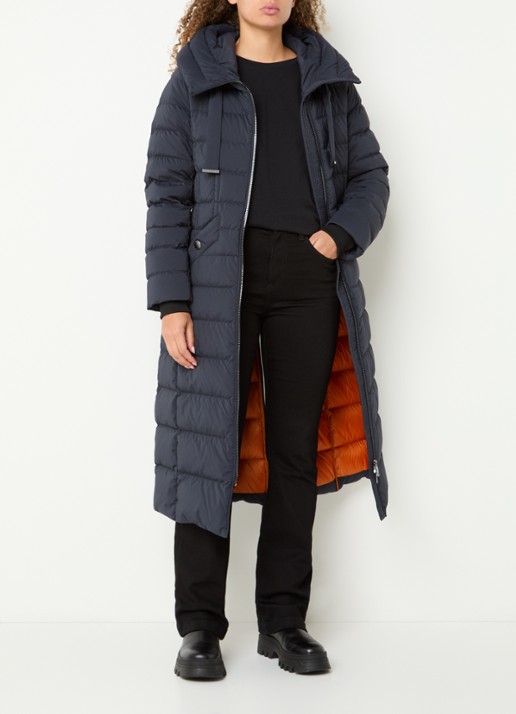 Creenstone Lorraine longline pufferjas met donsvulling en capuchon - voorkant 2 donkerblauw