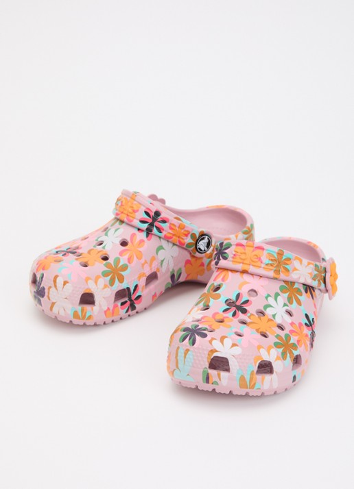 Crocs Classic Graphic Clog instapper met bloemenprint - voorkant 2 paars