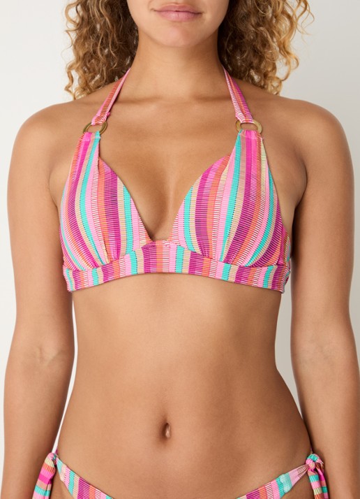 Cyell Push up halter bikinitop met streepprint - voorkant 2 fuchsia