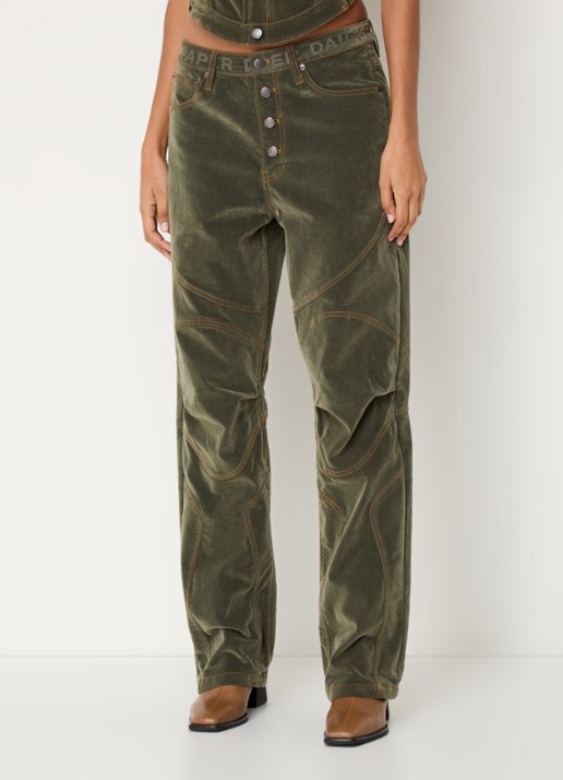 Daily Paper Low waist loose fit jeans van corduroy - detail olijfgroen