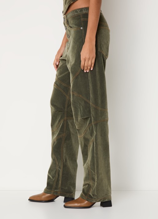 Daily Paper Low waist loose fit jeans van corduroy - detail 2 olijfgroen