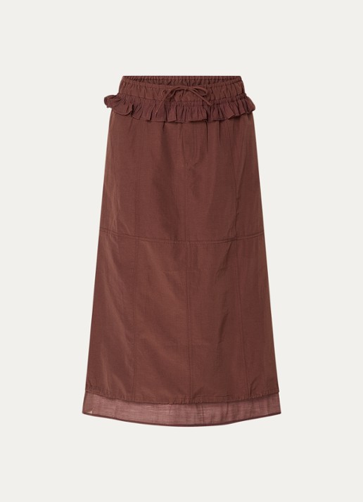 Damson Madder Amber midi rok met ruches - voorkant donkerbruin