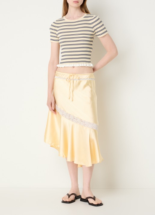 Damson Madder Delphia midi rok van satijn met broderie - voorkant 3 geel