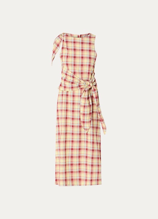Damson Madder Estelle midi jurk met ruitdessin en gestrikt detail - voorkant 3 geel