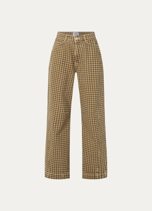 Damson Madder Felix high waist wide leg jeans met gekleurde wassing en ruitdessin - voorkant mosterd