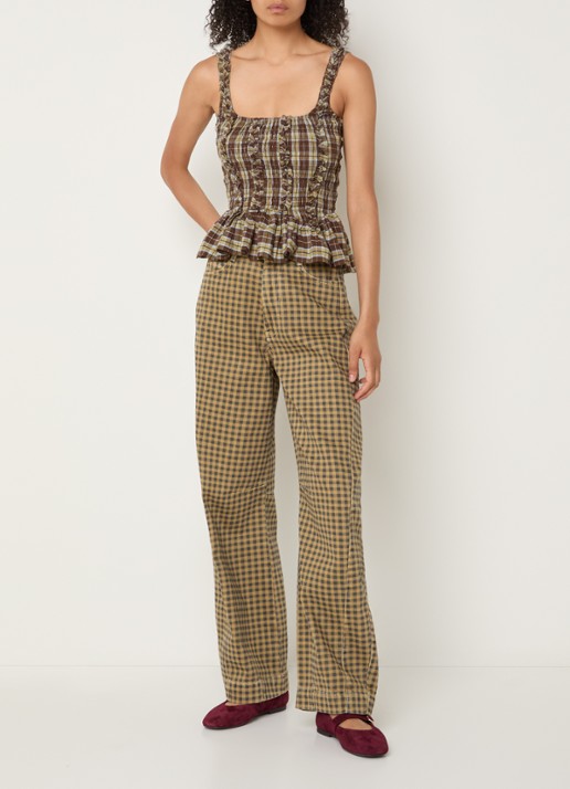 Damson Madder Felix high waist wide leg jeans met gekleurde wassing en ruitdessin - voorkant 2 mosterd
