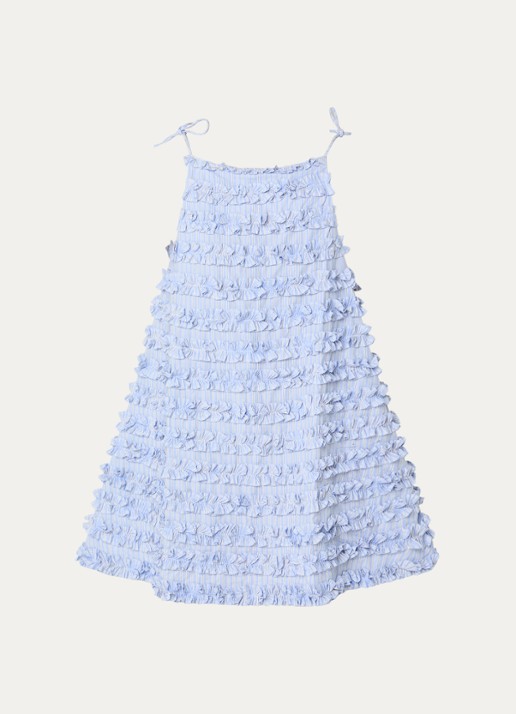 Damson Madder Leili mini jurk met ruches en streepprint - voorkant 2 blauwgrijs