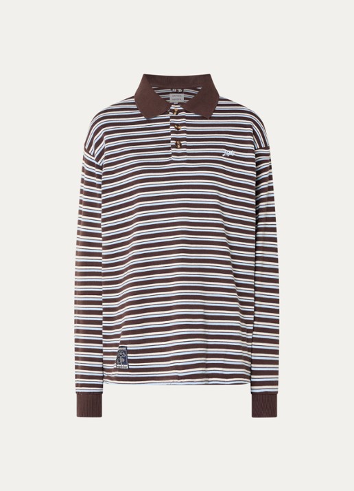 Damson Madder Remie regular fit polo met streepprint - voorkant 3 chocoladebruin