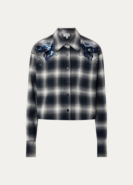 Dante 6 Eason blouse met ruitdessin en pailletten - voorkant zwart