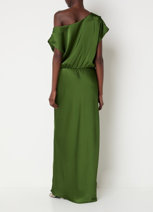 Dante 6 Epic one shoulder maxi jurk van satijn met split - achterkant 4 legergroen