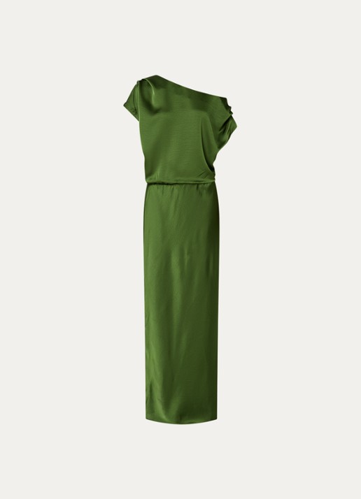 Dante 6 Epic one shoulder maxi jurk van satijn met split - voorkant legergroen