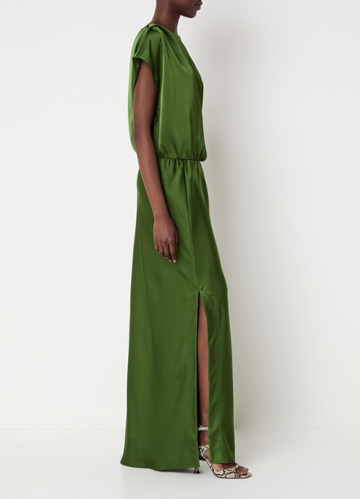 Dante 6 Epic one shoulder maxi jurk van satijn met split - voorkant 2 legergroen