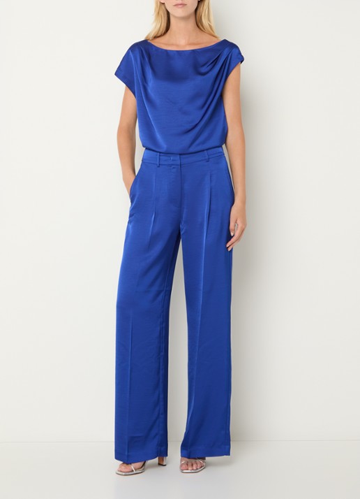 Dante 6 Jules high waist straight fit pantalon van satijn - voorkant 2 kobaltblauw