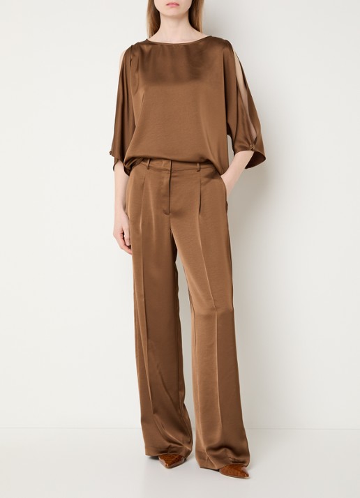 Dante 6 Jules high waist wide fit pantalon van satijn - voorkant 2 cognac