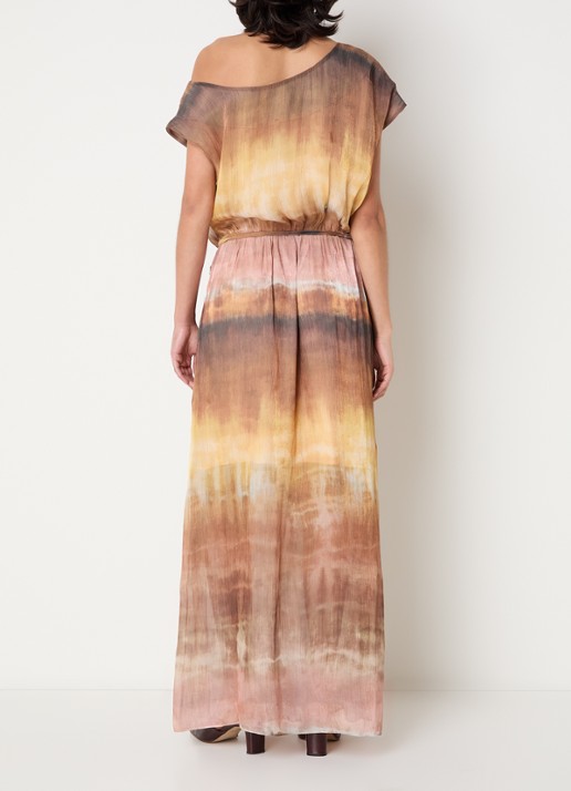 Dante 6 Kylan one shoulder maxi jurk met lurex en print - achterkant lichtbruin