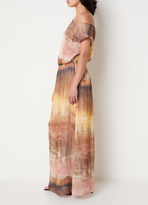 Dante 6 Kylan one shoulder maxi jurk met lurex en print - voorkant 4 lichtbruin