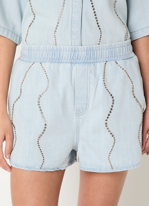 Dante 6 Nerida mid waist straight fit korte broek van denim met pailletten  - detail 4 indigo