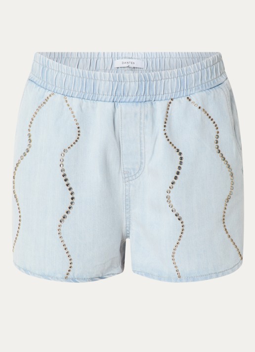 Dante 6 Nerida mid waist straight fit korte broek van denim met pailletten  - voorkant 2 indigo
