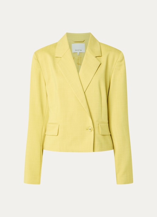 Dante 6 Reyes cropped blazer met gemêleerd dessin - voorkant citroengeel