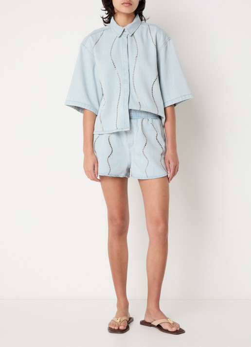 Dante 6 Zofia blouse van denim met pailletten  - voorkant 4 indigo