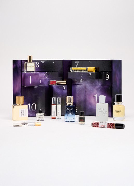 de Bijenkorf 12 dagen geuren adventskalender 2025 t.w.v €880 - voorkant paars