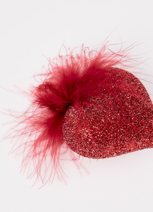 de Bijenkorf Home Hart kersthanger met glitter en veren 9 cm - detail 3 cranberryrood